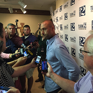 Jeter speaks with the media inside the Sarazen Student Union.