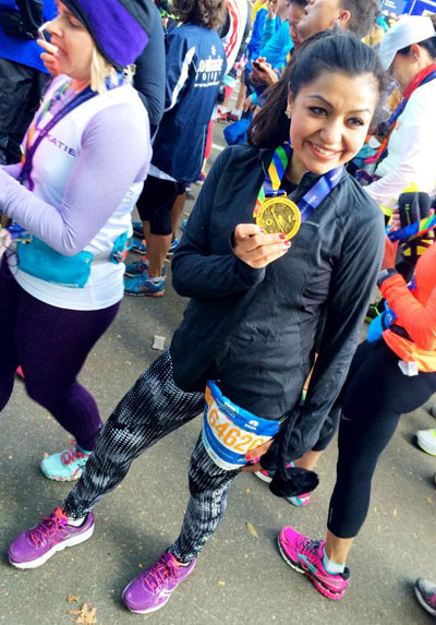 Sugam Langer '07 after the 2014 New York City Marathon. 