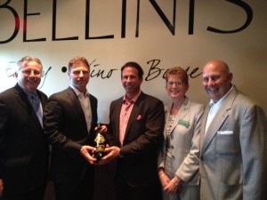 (L to R) Howard Foote ’74, Chair, Siena College Board of Trustees; Joe Marrello, owner, Bellini’s Italian Eatery; Bob Marini Jr., CEO, Robert Marini Builders, Inc. (new headquarters above Bellini’s in Loudonville); Cheryl Buff ’82, Ph.D., Professor of Marketing and Director of CURCA; and David Smith ’79, VP for Development and External Affairs.