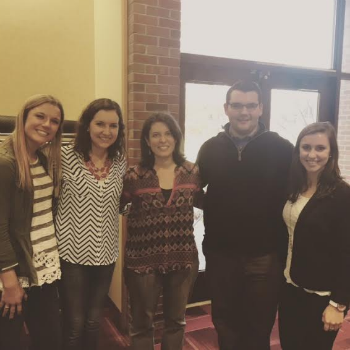 Left to Right: Erin Grogan, Senior Marketing Major; Kathleen Bender, Senior Marketing Major; Christine Cuoco; Eric Beresheim, Junior Finance Major; Angela Perazone, Senior Marketing Major